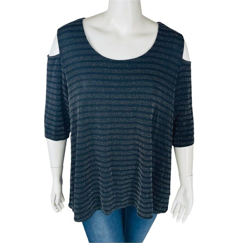 Catherines Womans Blouse Sz 2XWP 22/24WP 3/4 Sleeve‎ Cold Shoulder Stretch Black